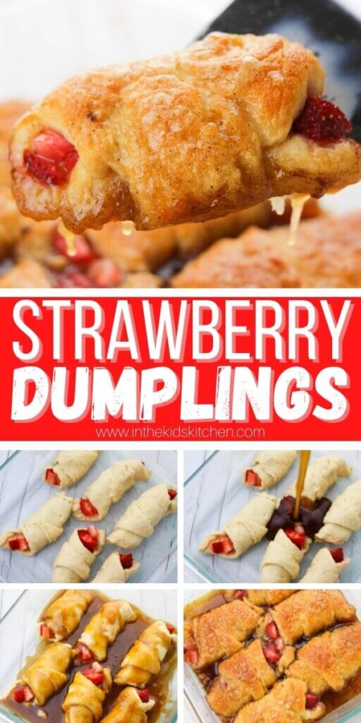vertical Pinterest image of homemade strawberry dumplings, finished and in-process photos