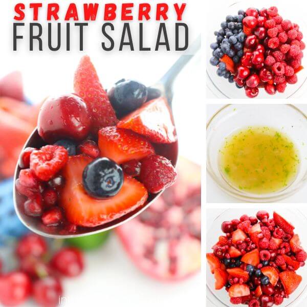 photo collage showing how to make fruit salad with berries.
