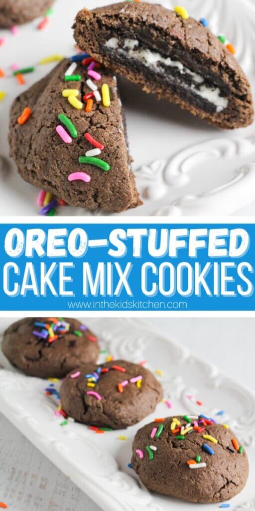 2 photo Pinterest collage of Ore stuffed chocolate cake mix cookies