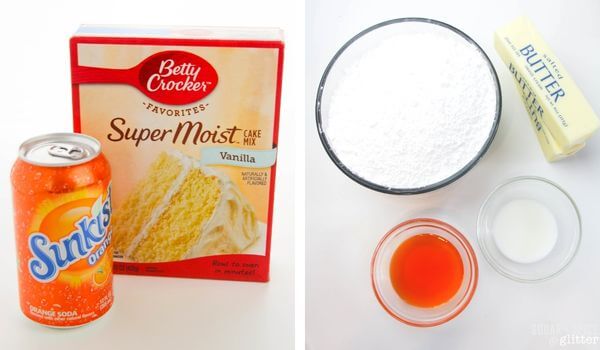 ingredients to make creamsicle cake: can of orange soda and cake mix. Also shows frosting ingredients in bowls.