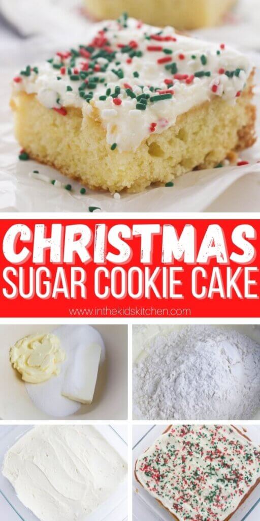 vertical Pinterest collage showing a Christmas sugar cookie cake.