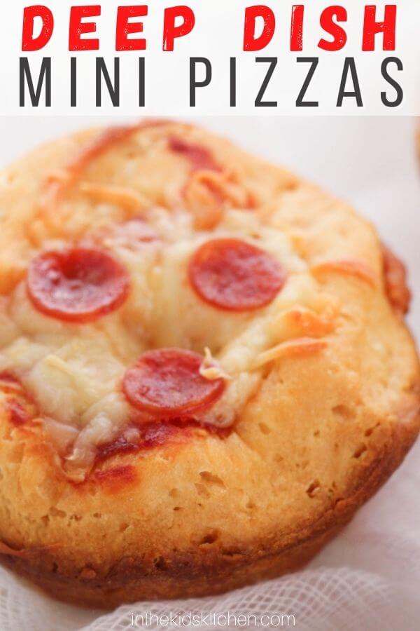 close up of a mini biscuit pizza, with text overlay of recipe name