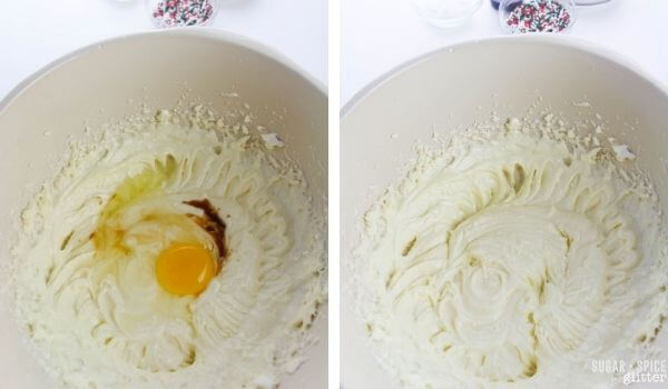 2 photo collage showing beating eggs into cake batter.