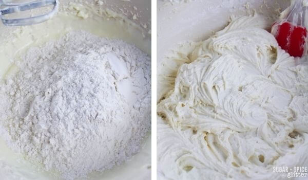 2 photo collage showing beating flour into cake batter.