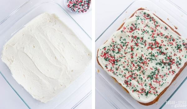 2 photo collage showing frosting a cake and topping with Christmas sprinkles.