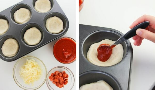 2 photo collage showing how to put biscuit dough in a muffin tin to make pizzas