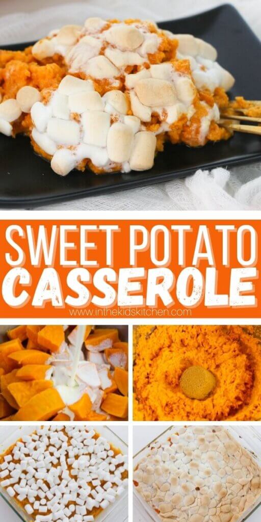 vertical Pinterest image with a collage of sweet potato casserole recipe images