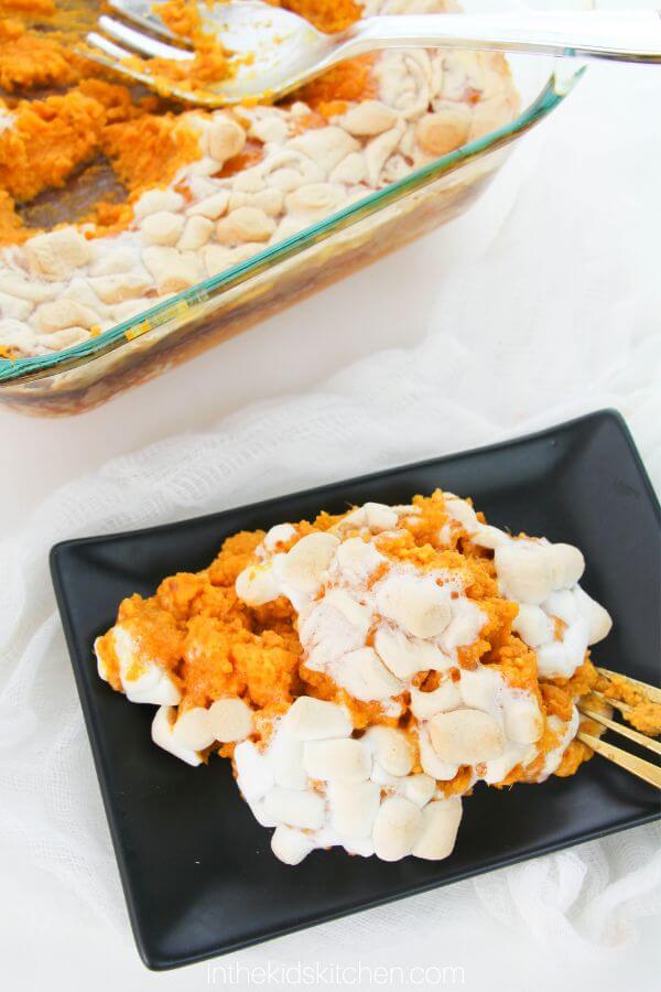 sweet potato casserole on plate and in dish