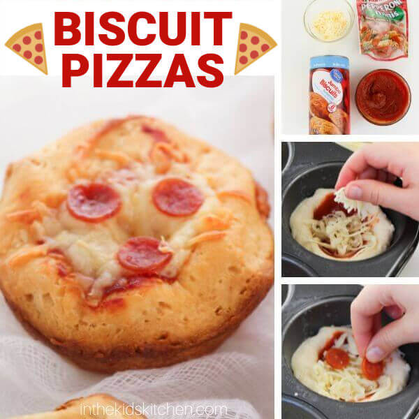 collage of photos showing how to make mini pizzas with biscuits 