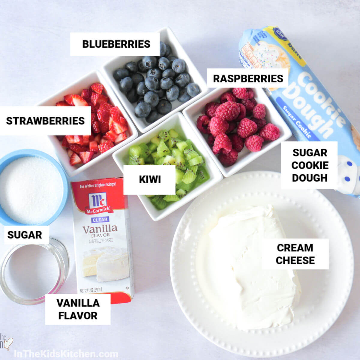 ingredients to make Easter egg fruit pizzas, with text labels