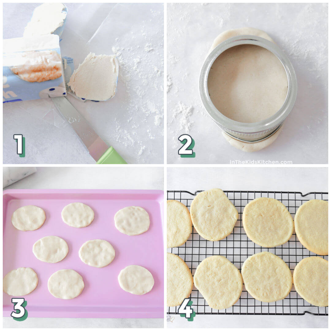 4 step photo collage showing how to shape sugar cookie dough into eggs