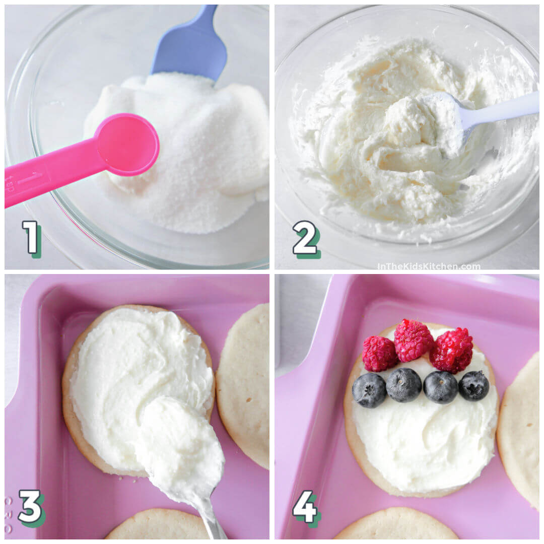 4 step photo collage showing how to make cream cheese frosting and decorate cookies with fruit