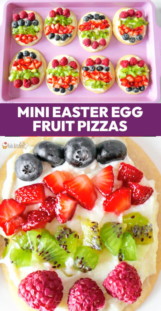 Pinterest image showing mini Easter egg fruit pizzas