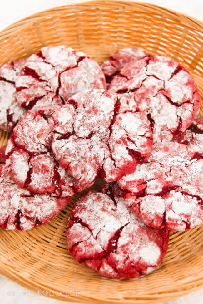 red velvet cake mix cookies in a basket.