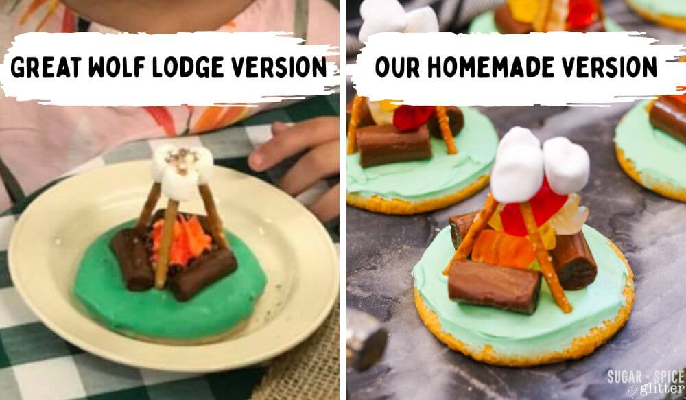 side by side image comparison of Great Wolf Lodge vs homemade campfire sugar cookies